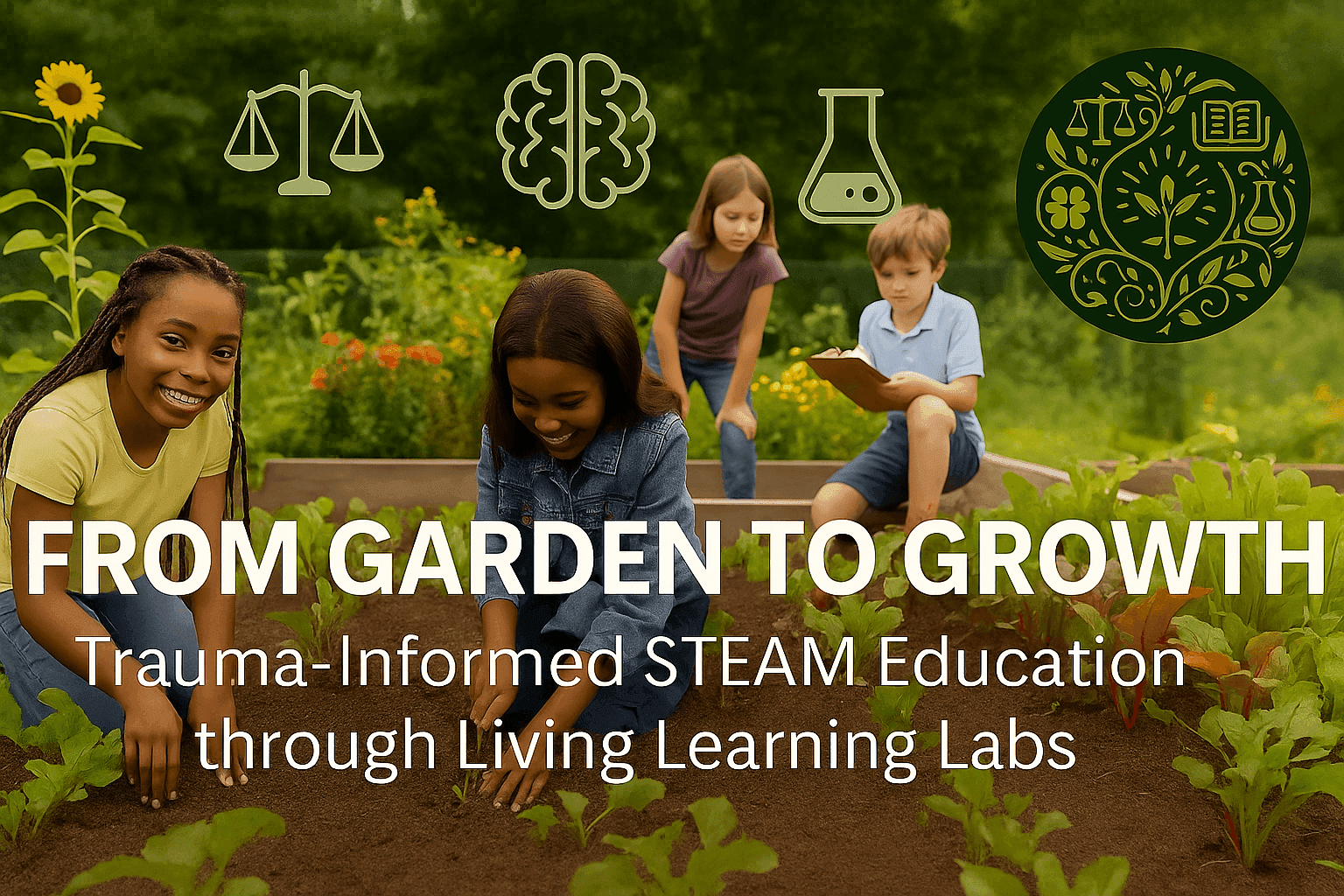 Children gardening with educational symbols surrounding them, text reads 'From Garden to Growth'.
